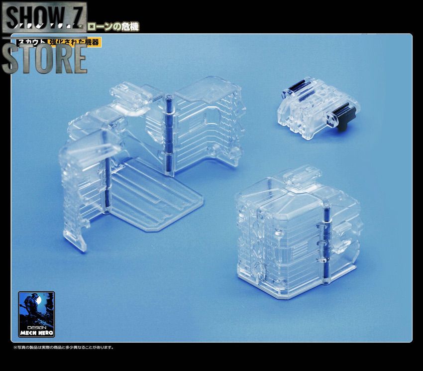 Clear plastic powered suit figure with orange weapon accessories display Clear plastic powered suit figure with orange weapon accessories display