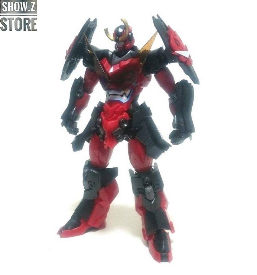 Red black and gold mecha robot with dual drill weapons extended Red black and gold mecha robot with dual drill weapons extended