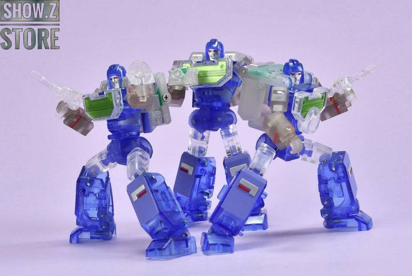 Three blue translucent Chimera robots featuring green details lineup Three blue translucent Chimera robots featuring green details lineup