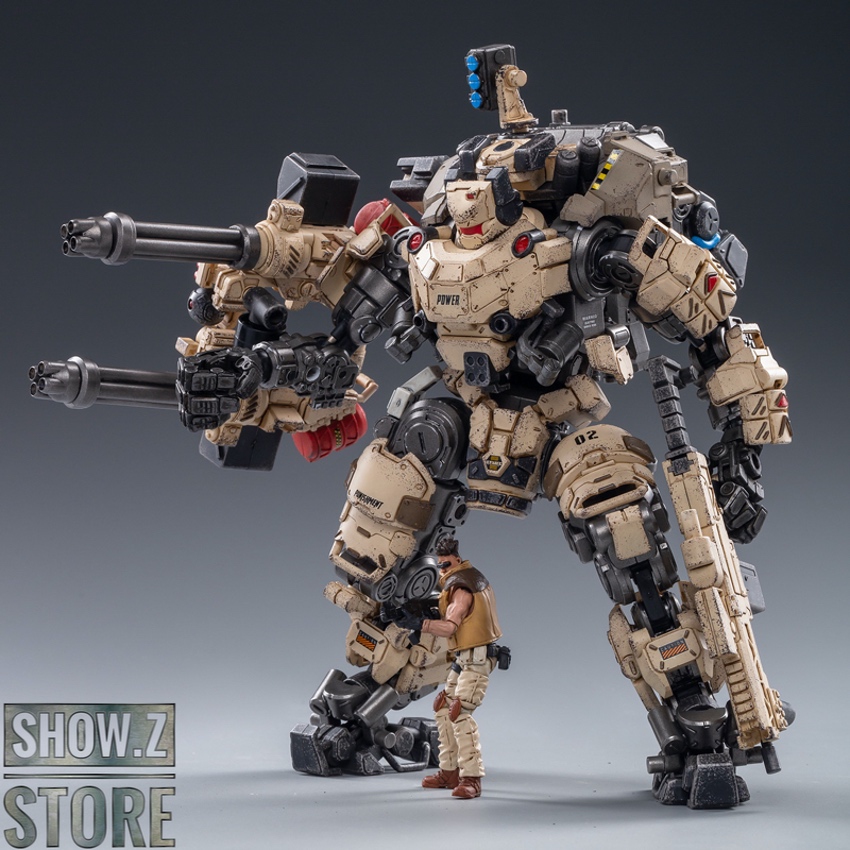Tan and black military exosuit with weapons and armor Tan and black military exosuit with weapons and armor