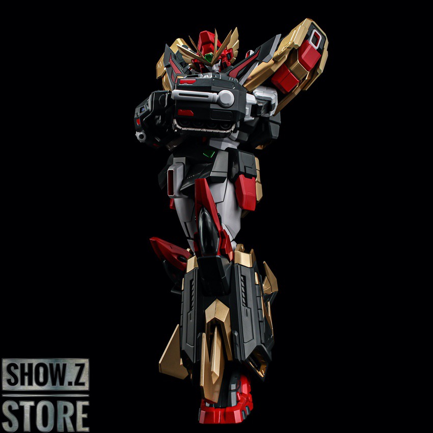 Gravion mecha robot with twin red swords teal armor plating Gravion mecha robot with twin red swords teal armor plating