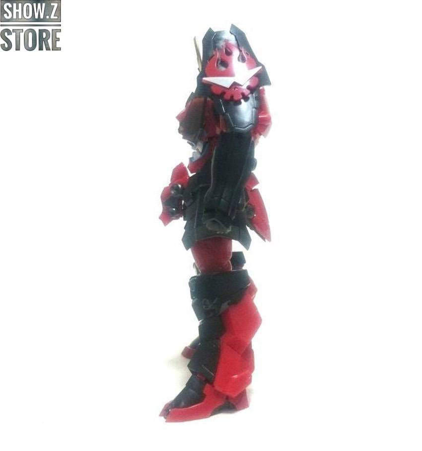 Mecha fighter with articulated joints and red armor in battle stance Mecha fighter with articulated joints and red armor in battle stance