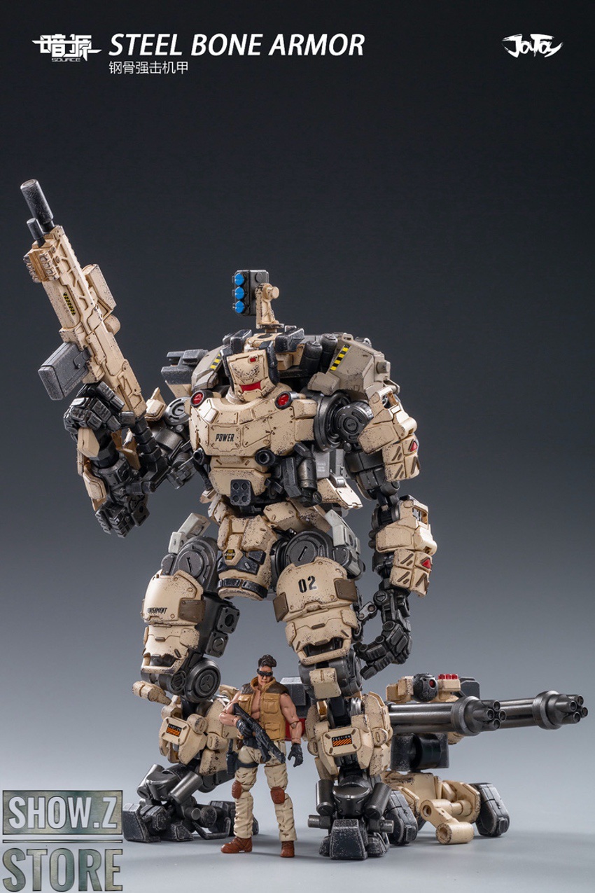 Brown and tan mech armor equipped with rifle and attachments Brown and tan mech armor equipped with rifle and attachments