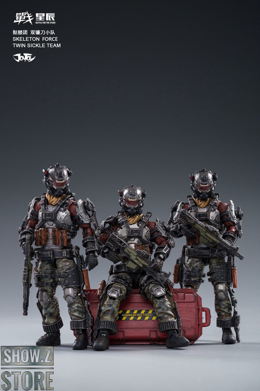 Skeleton Forces squad with one standing on red platform, three soldiers alongside Skeleton Forces squad with one standing on red platform, three soldiers alongside