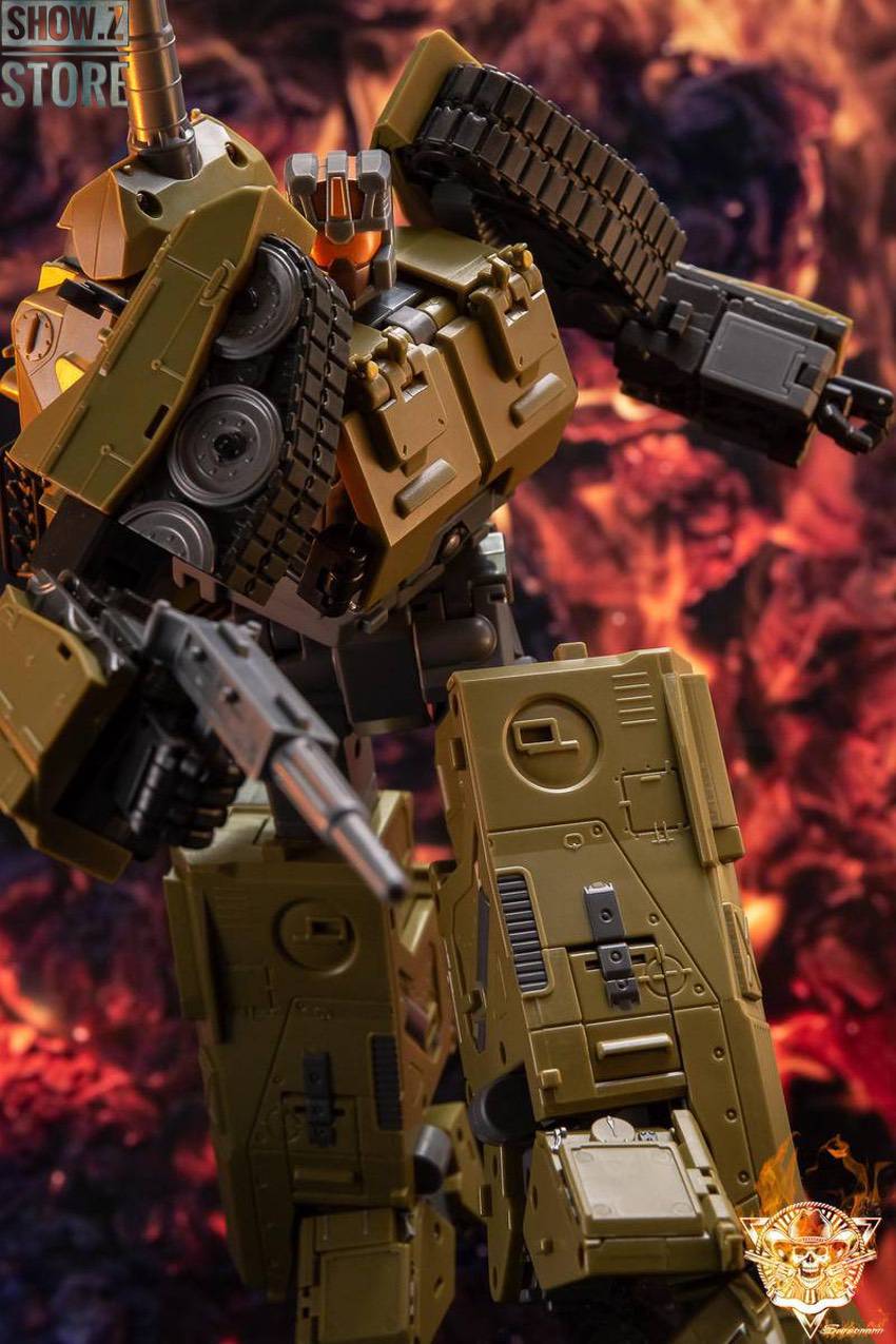 Detailed close-up of tan and black Transformer robot mid-action Detailed close-up of tan and black Transformer robot mid-action
