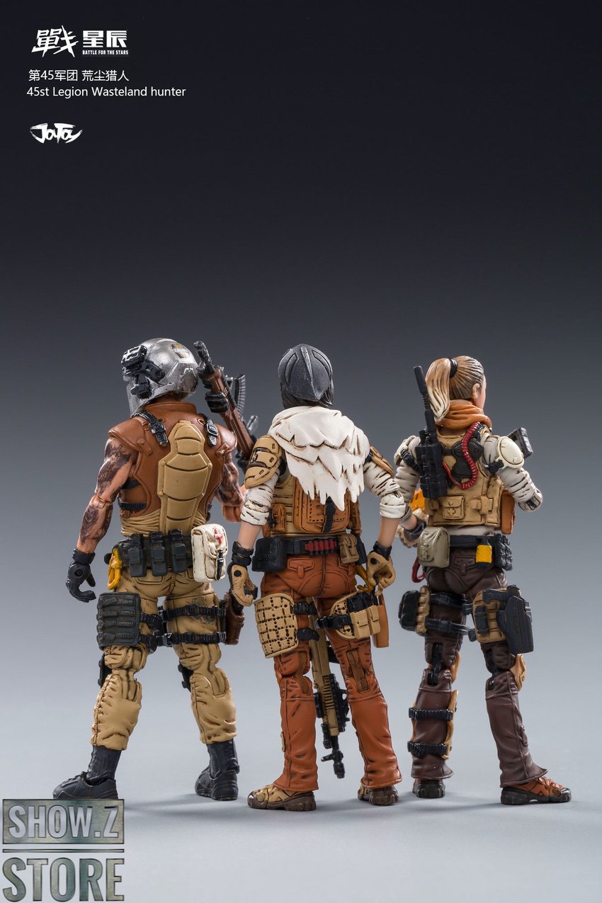 Three Legion hunters back view brown tan equipment display Three Legion hunters back view brown tan equipment display