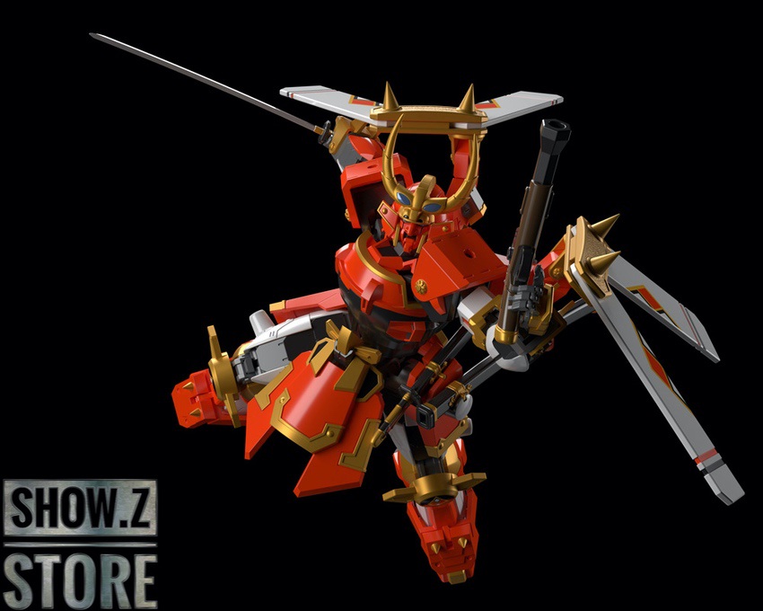 Dynamic action pose of red horned transformation mecha Dynamic action pose of red horned transformation mecha