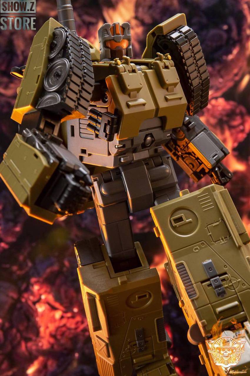 Golden-brown armored robot viewed from side angle against flames Golden-brown armored robot viewed from side angle against flames