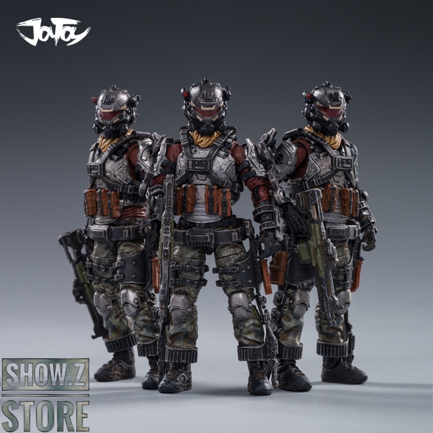 Three Skeleton Forces warriors in heavy dark armor with melee weapons in formation Three Skeleton Forces warriors in heavy dark armor with melee weapons in formation