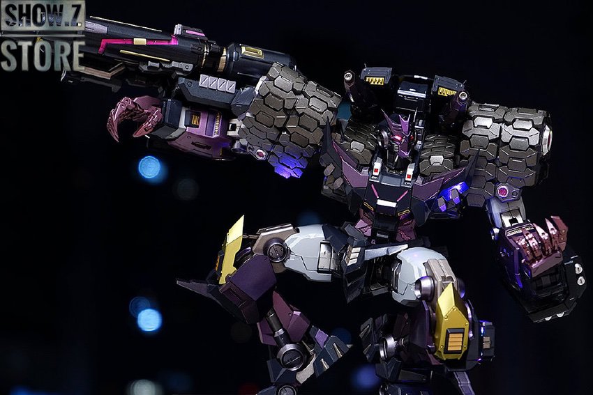 Purple and black Tarn Damus robot in dynamic fighting stance Purple and black Tarn Damus robot in dynamic fighting stance