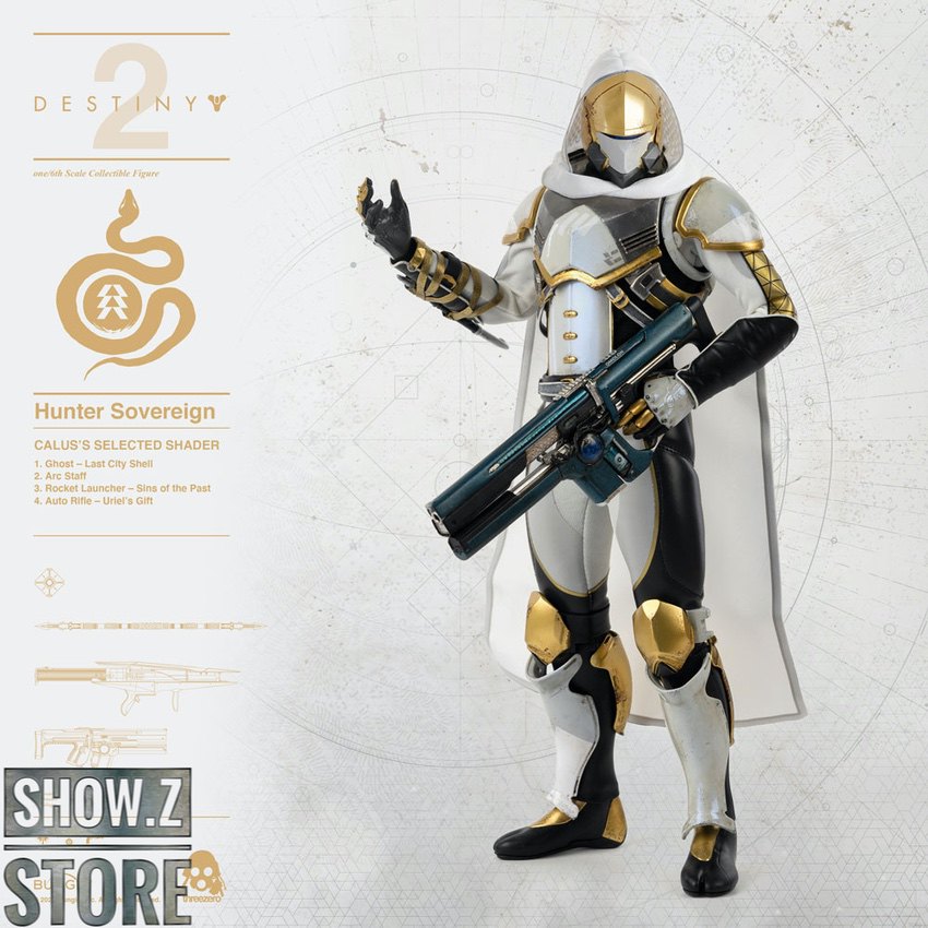 Hunter Sovereign holding rifle gold accents white armor Hunter Sovereign holding rifle gold accents white armor