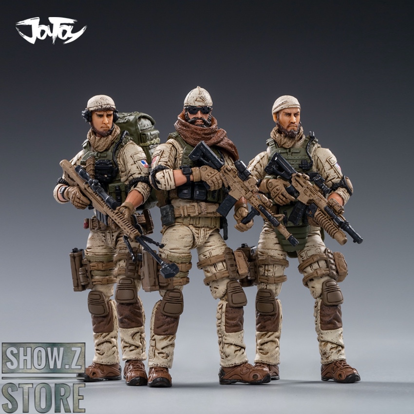 Three JoyToy Delta Force soldiers in tan tactical gear with rifles standing front view Three JoyToy Delta Force soldiers in tan tactical gear with rifles standing front view