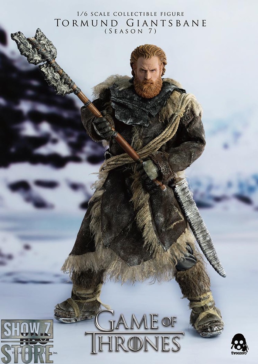 Tormund figure in dynamic wide stance holding oversized battle axe in snowy setting Tormund figure in dynamic wide stance holding oversized battle axe in snowy setting