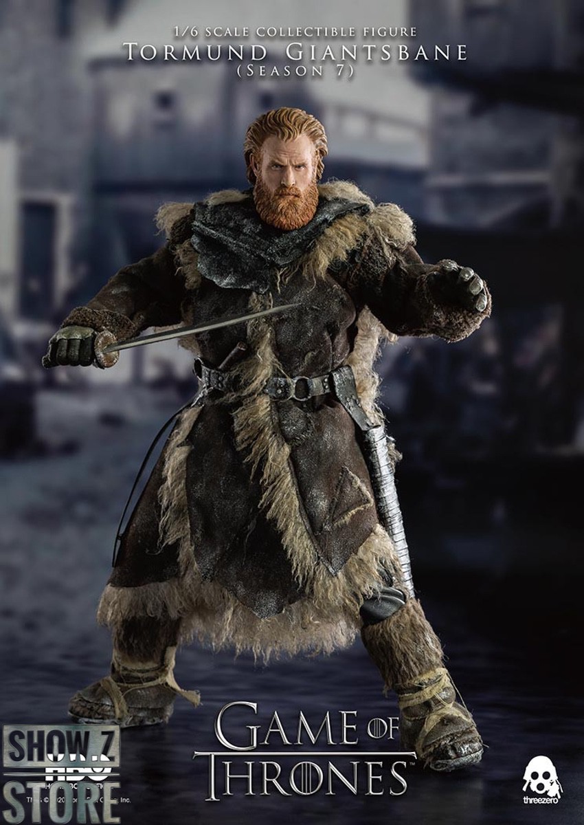 Tormund figure holding massive axe weapon with fur-lined armor close-up Tormund figure holding massive axe weapon with fur-lined armor close-up