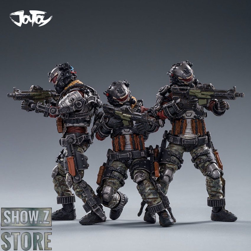 Three Skeleton Forces troops in dynamic combat poses with dual sickles and guns Three Skeleton Forces troops in dynamic combat poses with dual sickles and guns