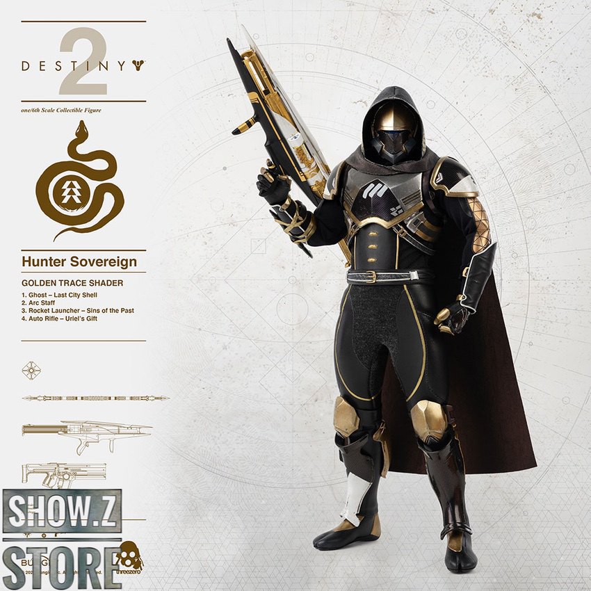 Destiny 2 Hunter Sovereign black gold cape holding rifle Destiny 2 Hunter Sovereign black gold cape holding rifle