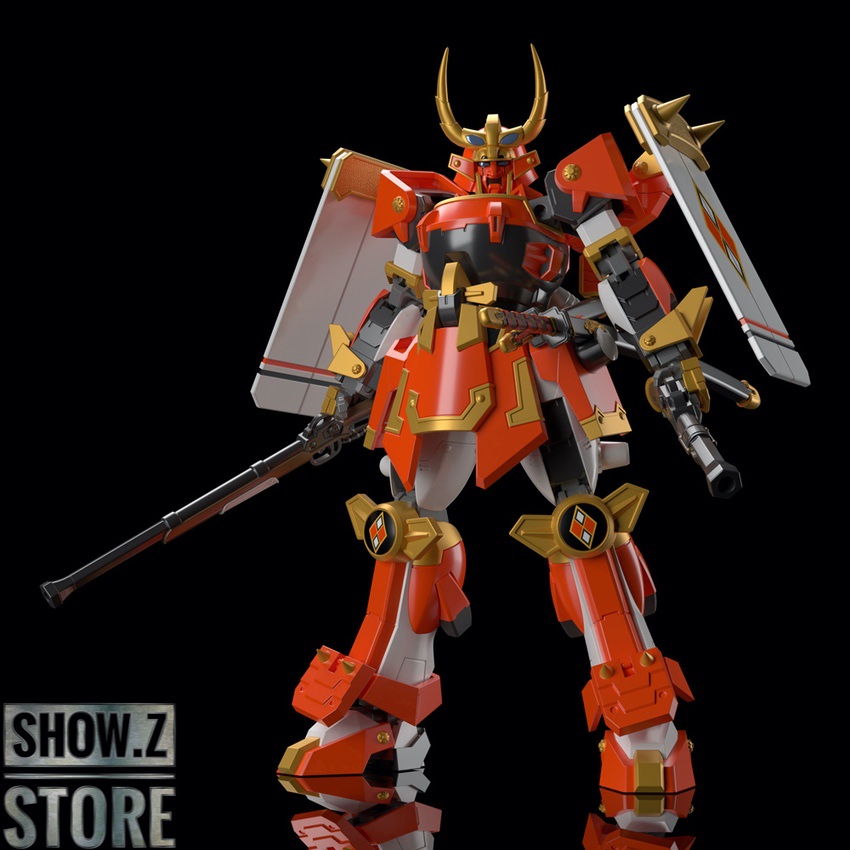 Red orange and gold samurai mecha with large horns Red orange and gold samurai mecha with large horns