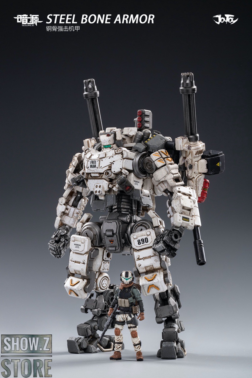 Steel Bone Armor white mecha back view with pilot figure Steel Bone Armor white mecha back view with pilot figure