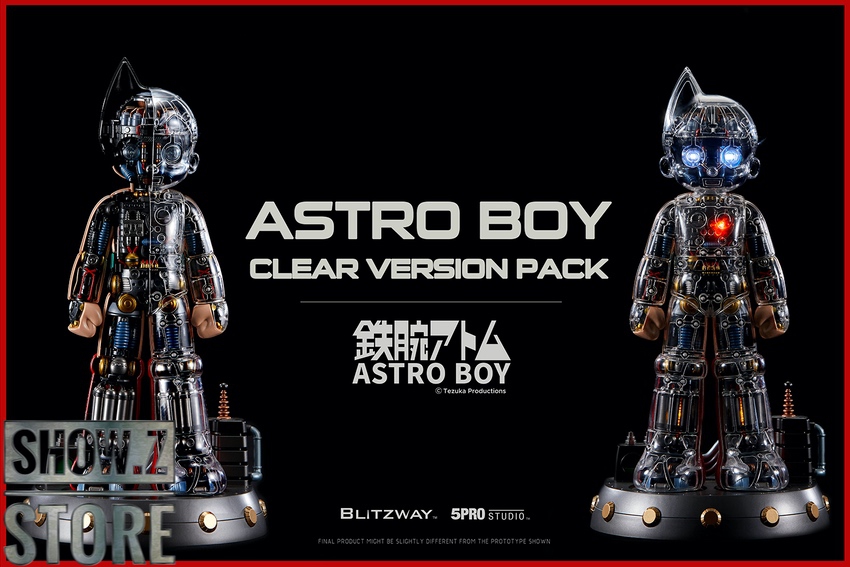 Astro Boy clear version with glowing blue and red lights illuminated Astro Boy clear version with glowing blue and red lights illuminated