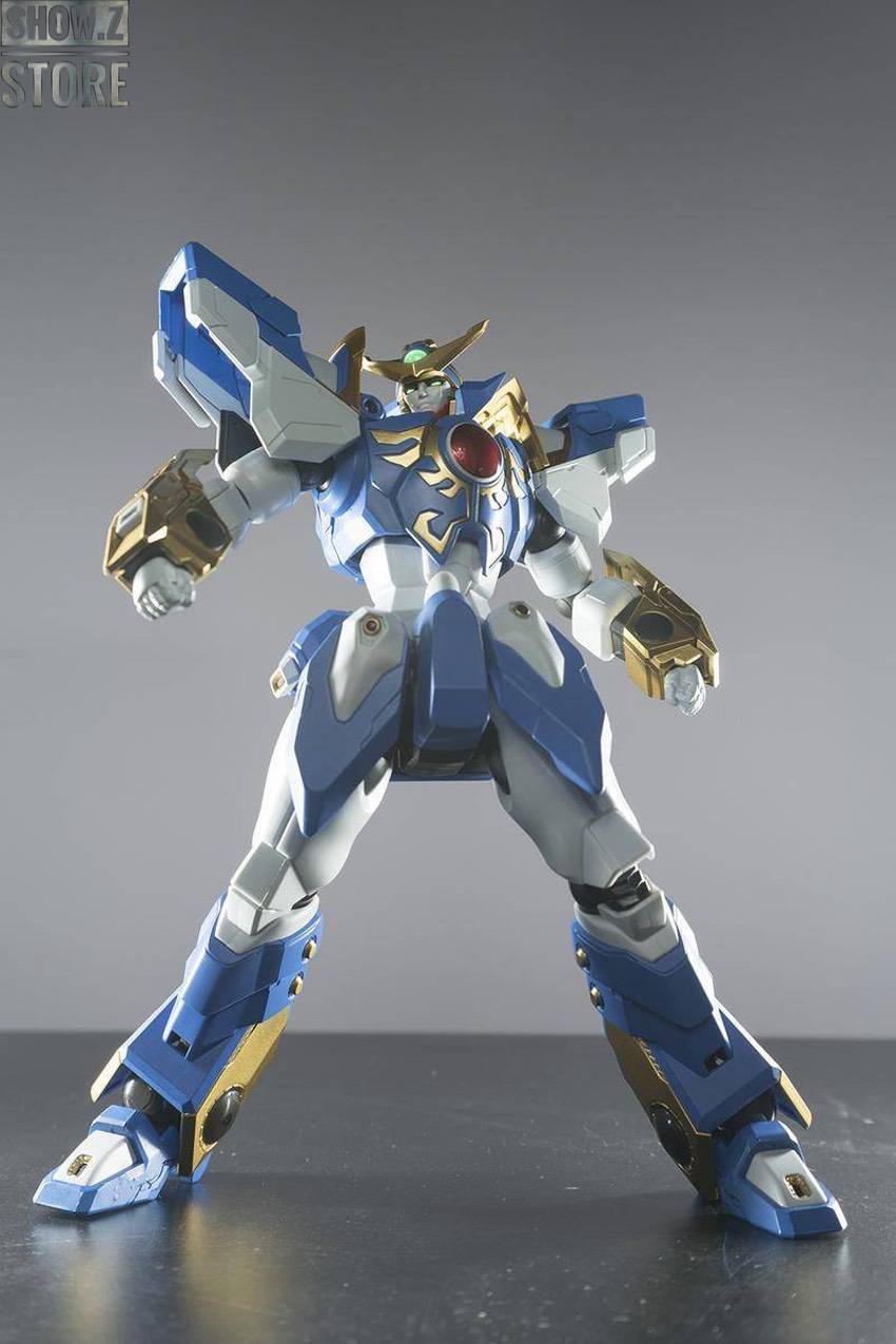 Blue white gold angel robot with spread wings in dynamic pose Blue white gold angel robot with spread wings in dynamic pose