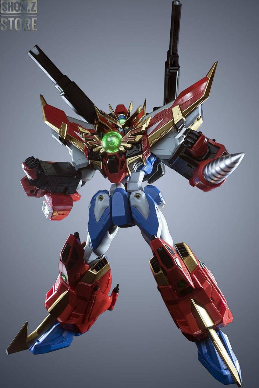 Blue white robot with red glowing core and extended weapons Blue white robot with red glowing core and extended weapons