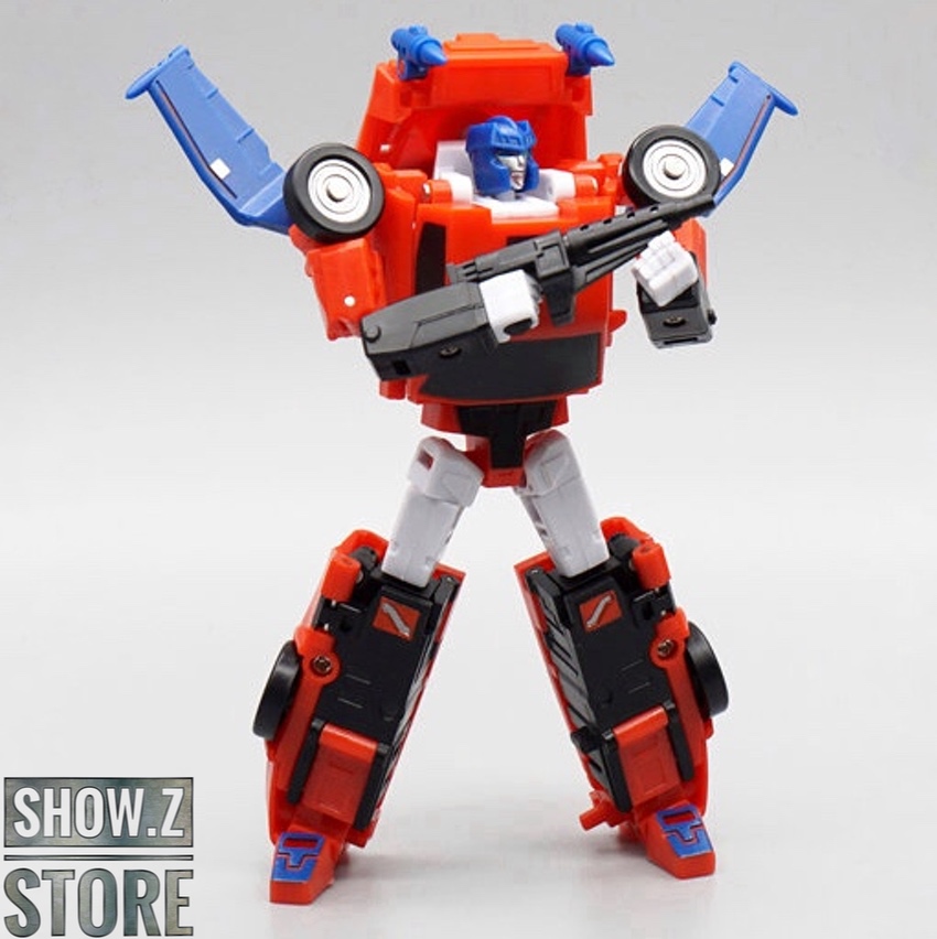 Red blue and black robot in robot mode with extended arms Red blue and black robot in robot mode with extended arms