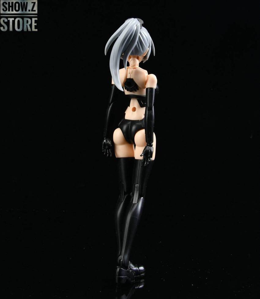 Serqet white-haired female figure in black tactical suit standing neutral back view Serqet white-haired female figure in black tactical suit standing neutral back view