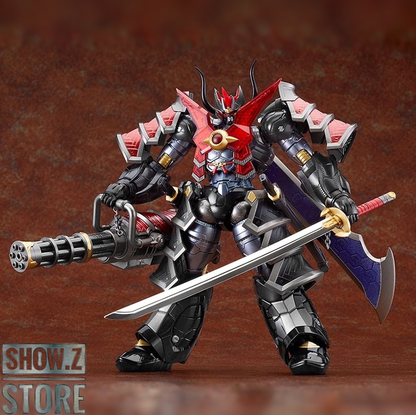 Red and black armored super robot with horned headpiece and sword Red and black armored super robot with horned headpiece and sword