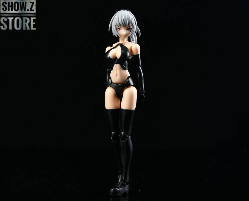Serqet action pose with arms behind head white hair flowing over black armor Serqet action pose with arms behind head white hair flowing over black armor