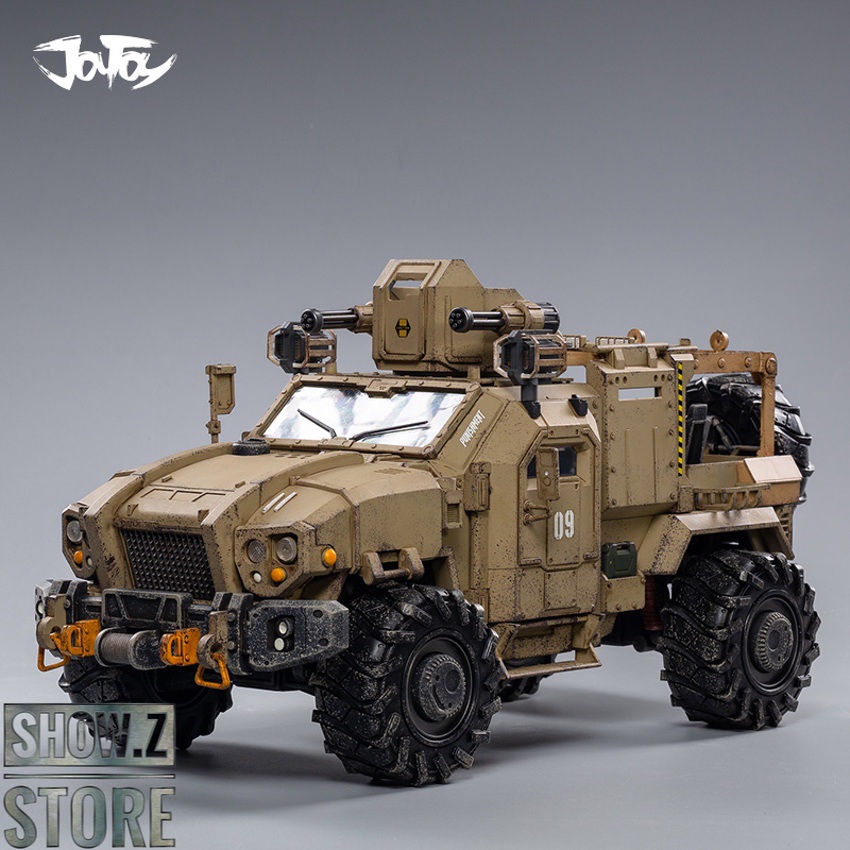 Tan desert-camouflage armored truck with mounted weapon system and pilot figures Tan desert-camouflage armored truck with mounted weapon system and pilot figures