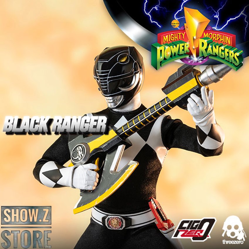 Black Ranger in stance with sword and accessories Black Ranger in stance with sword and accessories