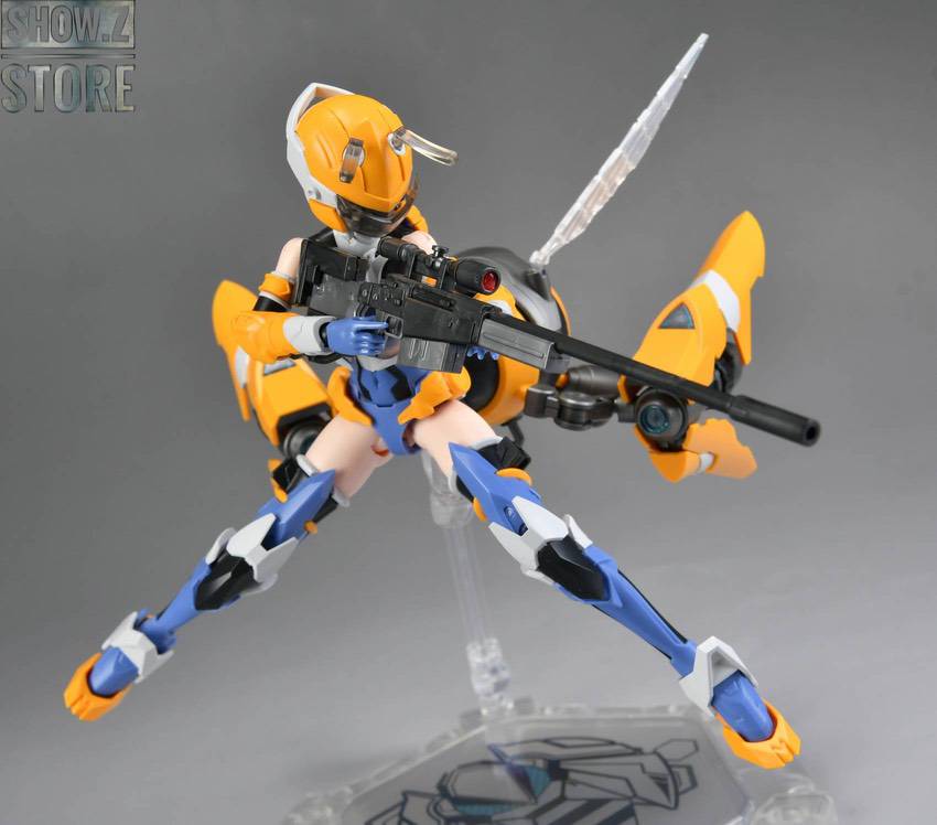 Yellow blue mecha character in dynamic combat action pose with weapons Yellow blue mecha character in dynamic combat action pose with weapons