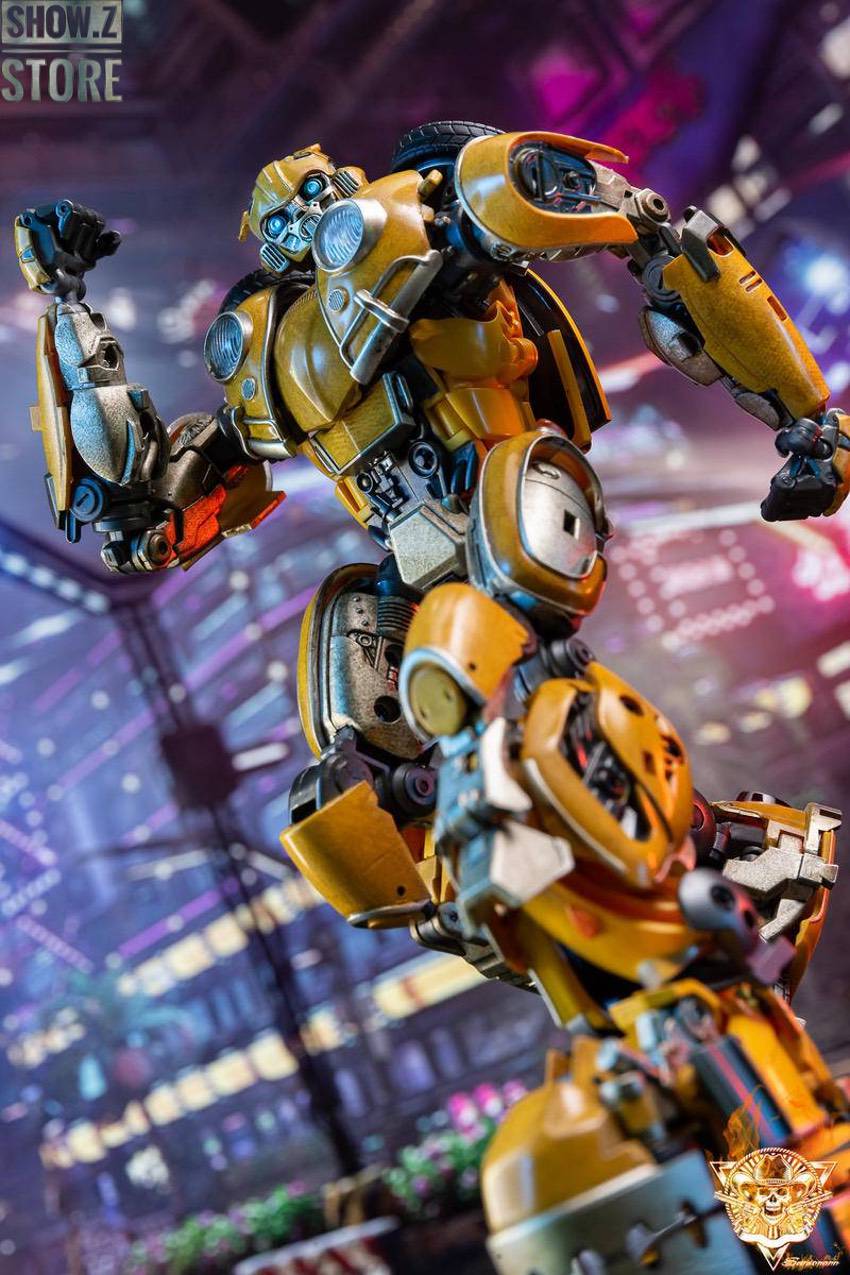 Bumblebee transformer figure standing in futuristic city lighting Bumblebee transformer figure standing in futuristic city lighting