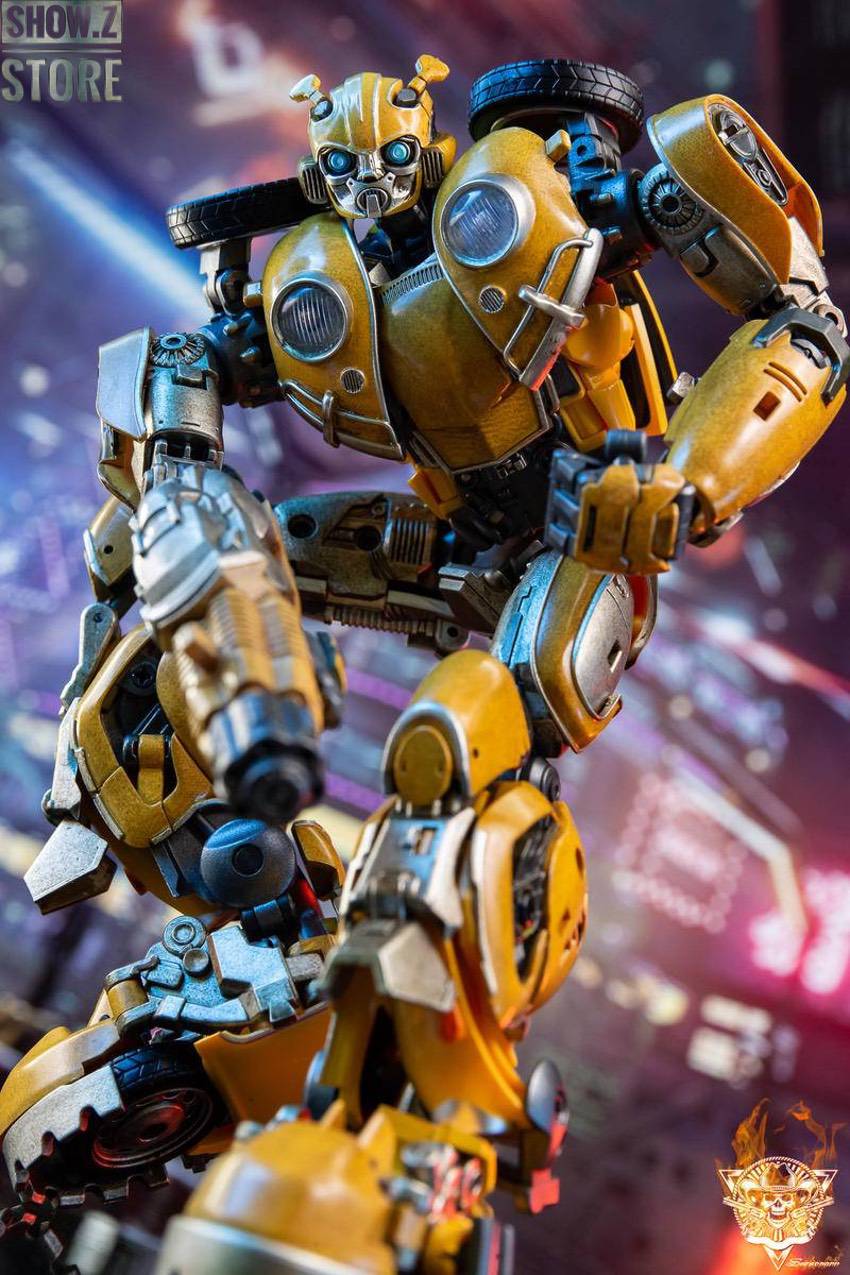 Yellow robot with black accents in action pose against neon backdrop Yellow robot with black accents in action pose against neon backdrop