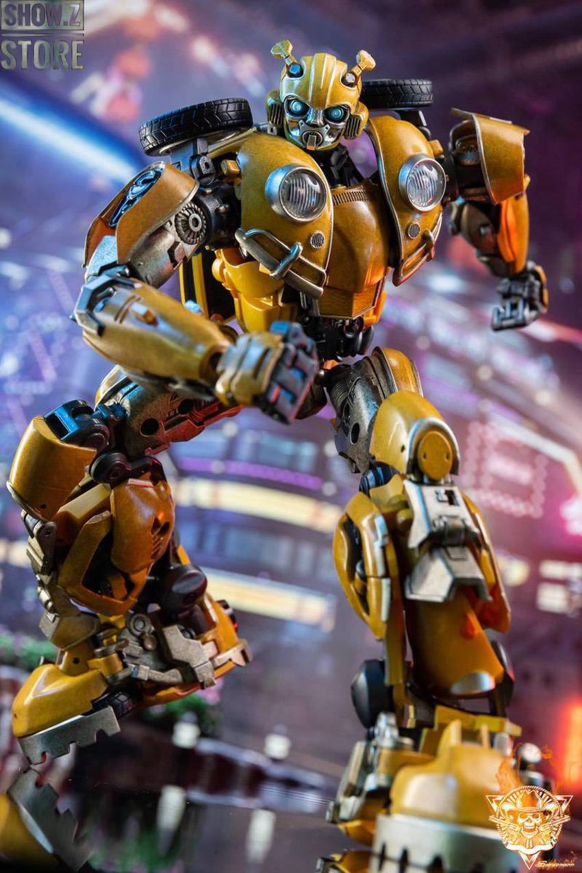 Yellow and black robot warrior in dynamic pose with digital effects Yellow and black robot warrior in dynamic pose with digital effects