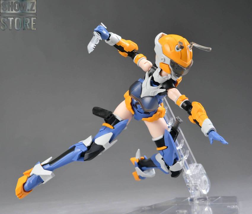 Yellow blue white orange mecha girl mid-air jumping action pose display Yellow blue white orange mecha girl mid-air jumping action pose display