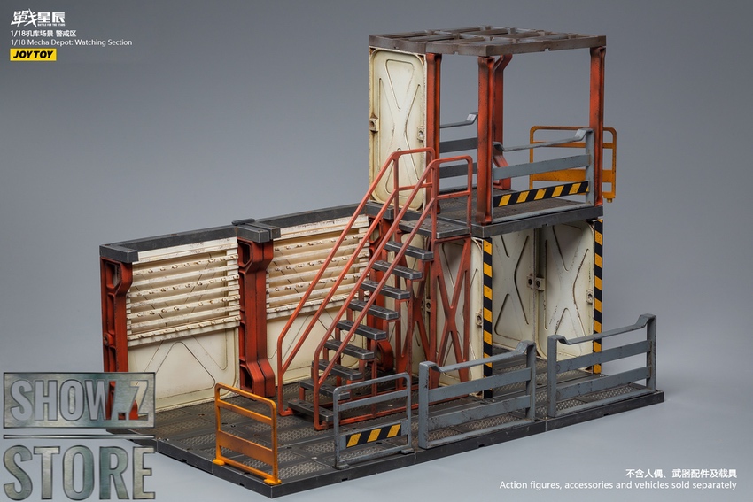 Multi-level mecha depot platform with yellow warning striping Multi-level mecha depot platform with yellow warning striping