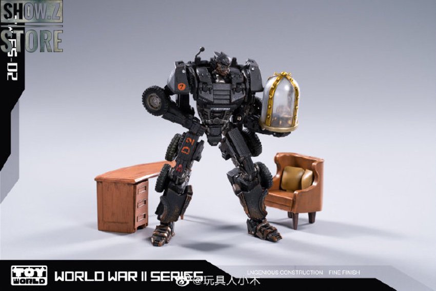 Black transforming robot holding military equipment and furniture Black transforming robot holding military equipment and furniture