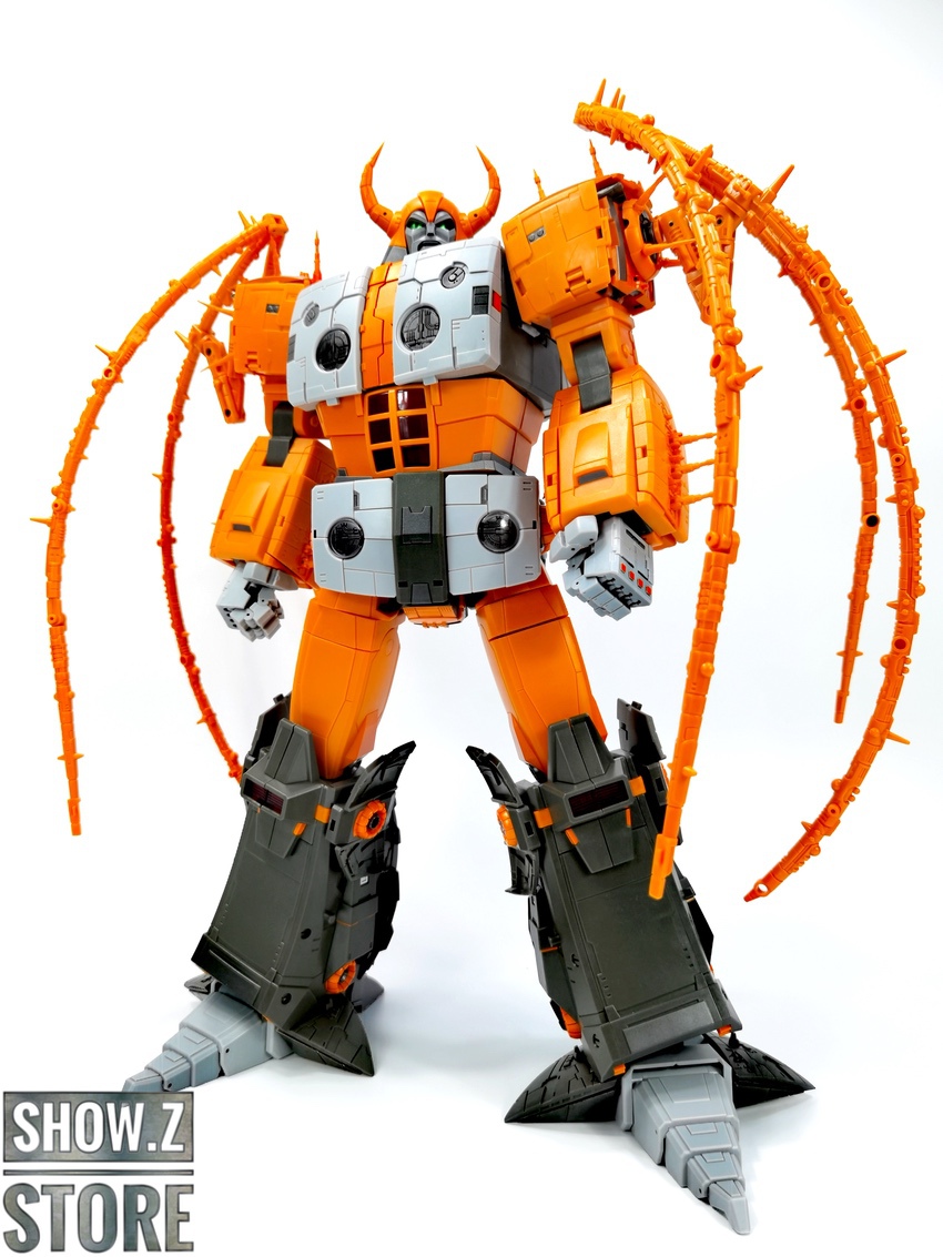 Orange and white robot with red spiked crown Orange and white robot with red spiked crown