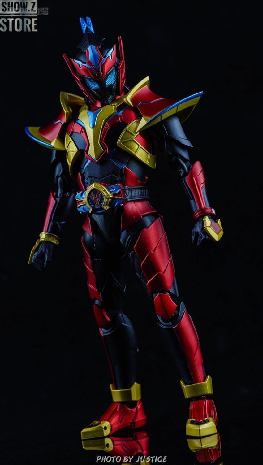 Red yellow gold armor hero mecha with wings spread wide Red yellow gold armor hero mecha with wings spread wide