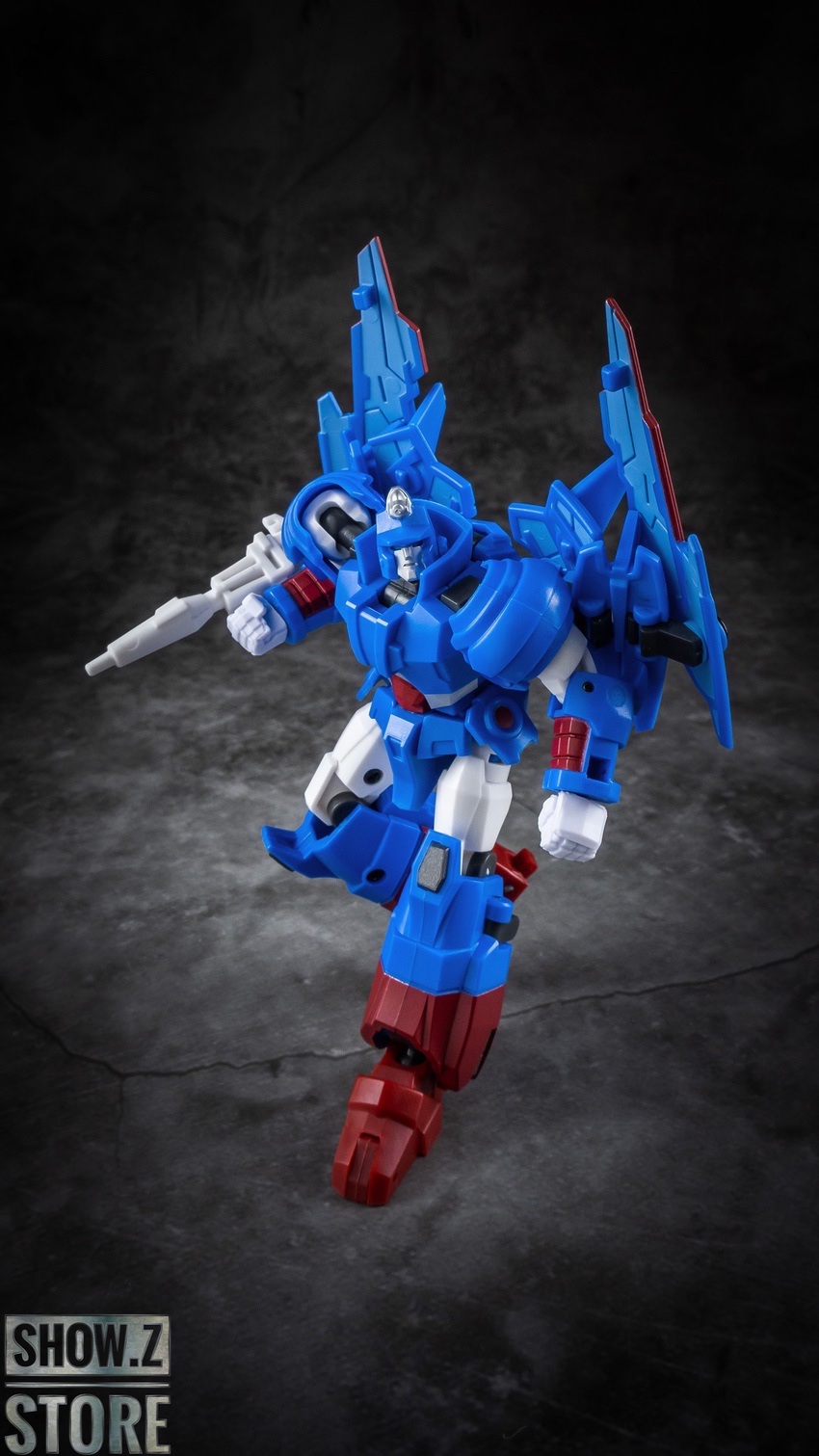 Blue Devcon robot figure mid-action jumping pose weapon Blue Devcon robot figure mid-action jumping pose weapon