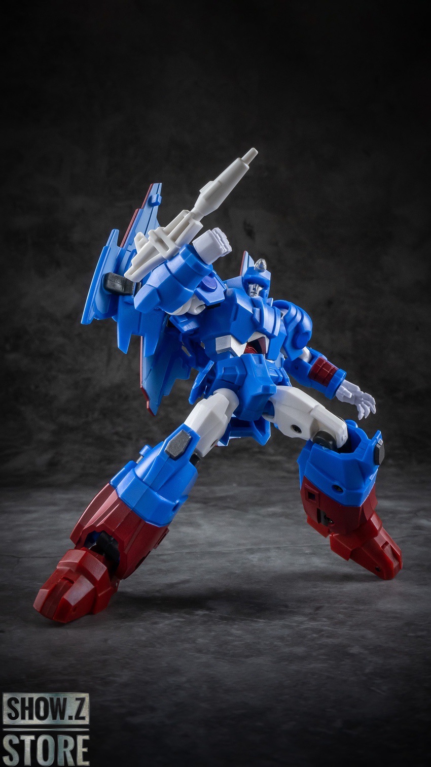 Blue white Devcon robot mecha standing forward action stance Blue white Devcon robot mecha standing forward action stance