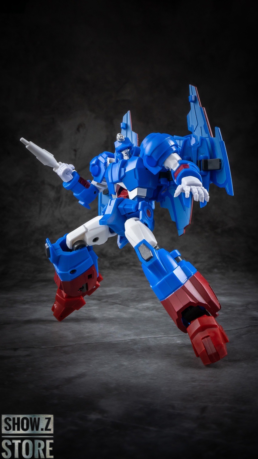 Blue Devcon mecha robot posed jumping attack angle Blue Devcon mecha robot posed jumping attack angle