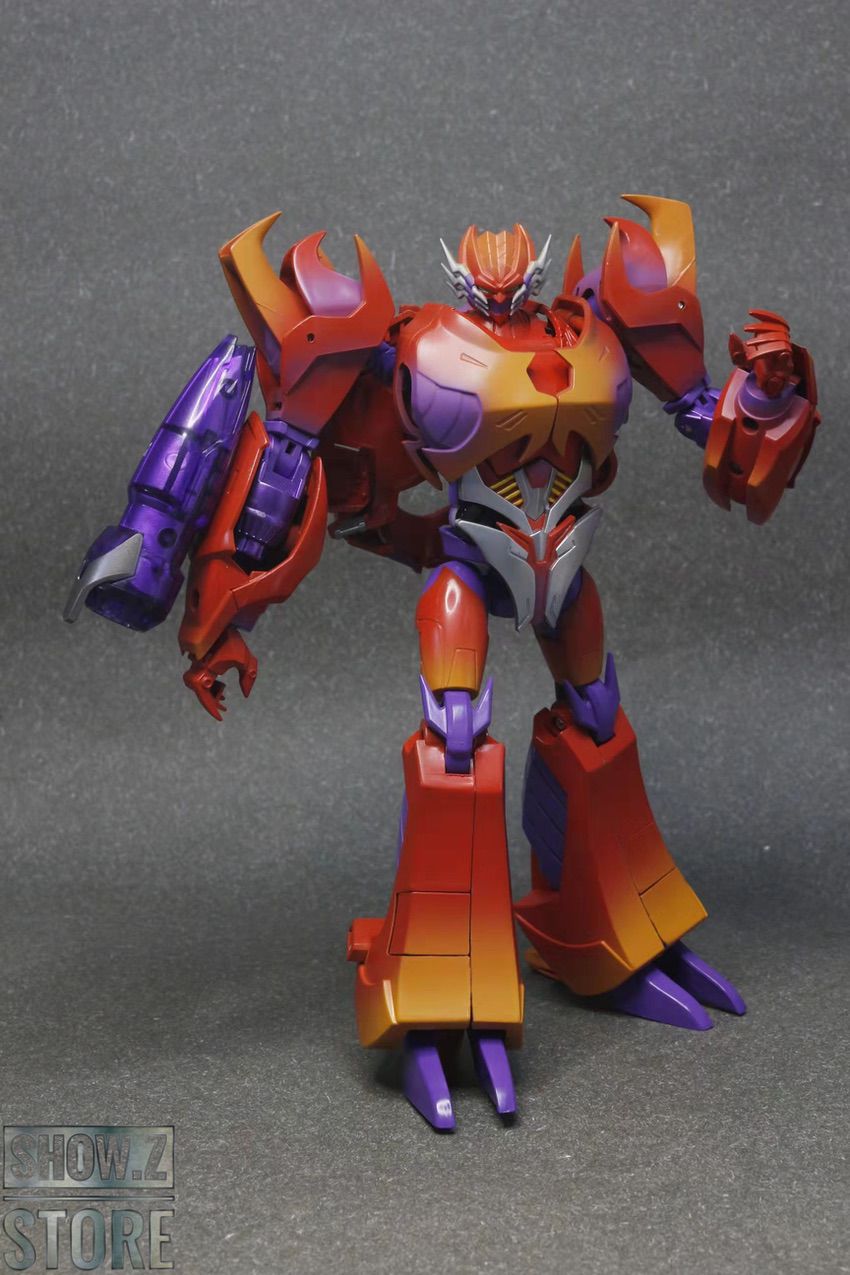 Galvatron blue red robot with extended weapons displayed Galvatron blue red robot with extended weapons displayed
