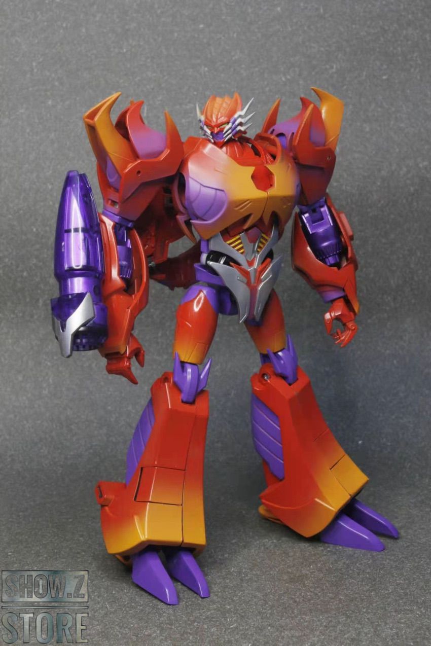Galvatron red white blue robot in wide stance pose display Galvatron red white blue robot in wide stance pose display