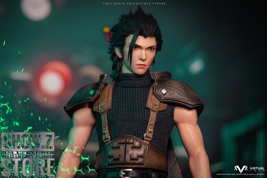 Zack Fair standing pose brown shoulder armor outfit display Zack Fair standing pose brown shoulder armor outfit display