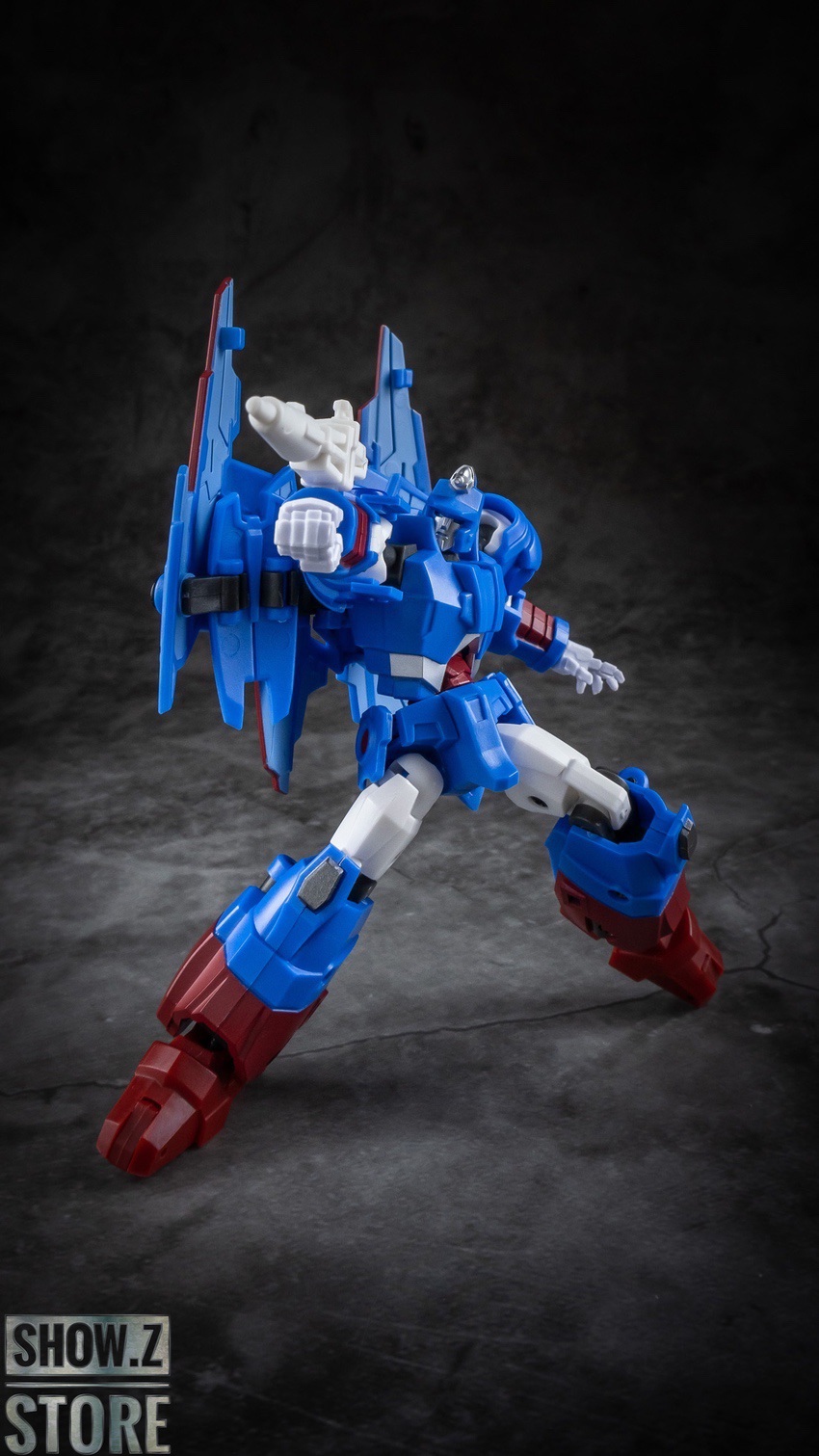 Blue white Devcon robot large back wing panels action Blue white Devcon robot large back wing panels action