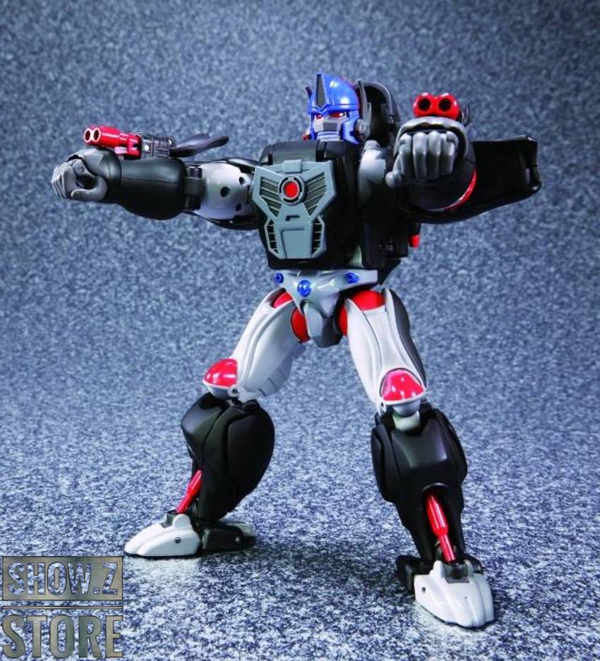 Optimus Primal red white robot with extended weapon display Optimus Primal red white robot with extended weapon display