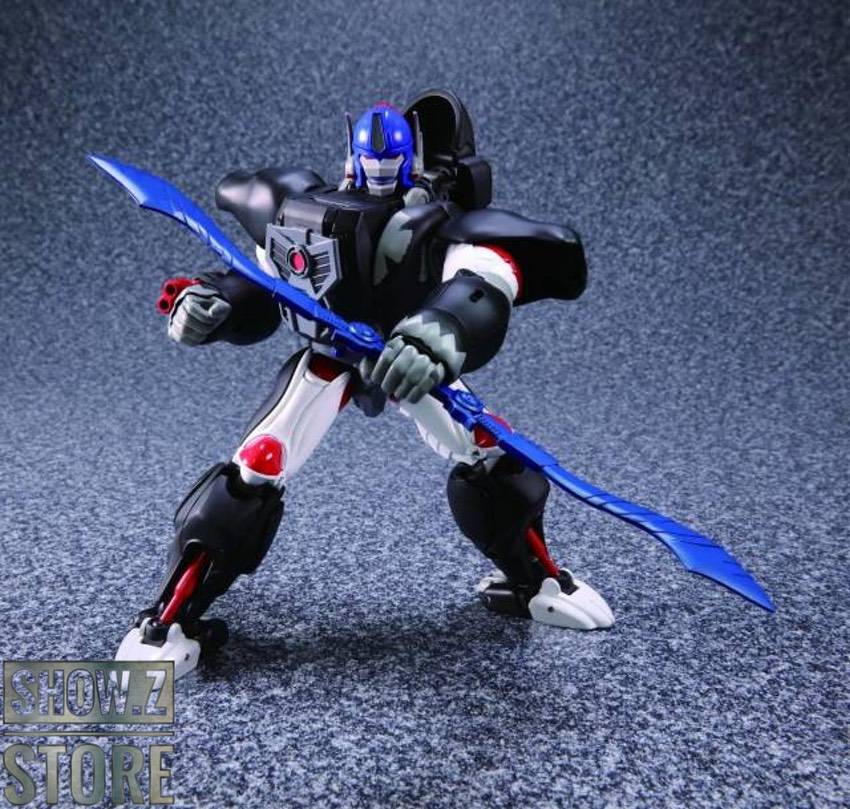 Optimus Primal blue robot dynamic sword combat stance display Optimus Primal blue robot dynamic sword combat stance display