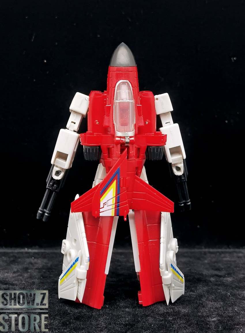 Zeta Flyfire jet plane mode red white gray overhead view Zeta Flyfire jet plane mode red white gray overhead view
